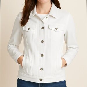 Lands' End Women's White Denim Jacket XL Long‎ Sleeve Casual